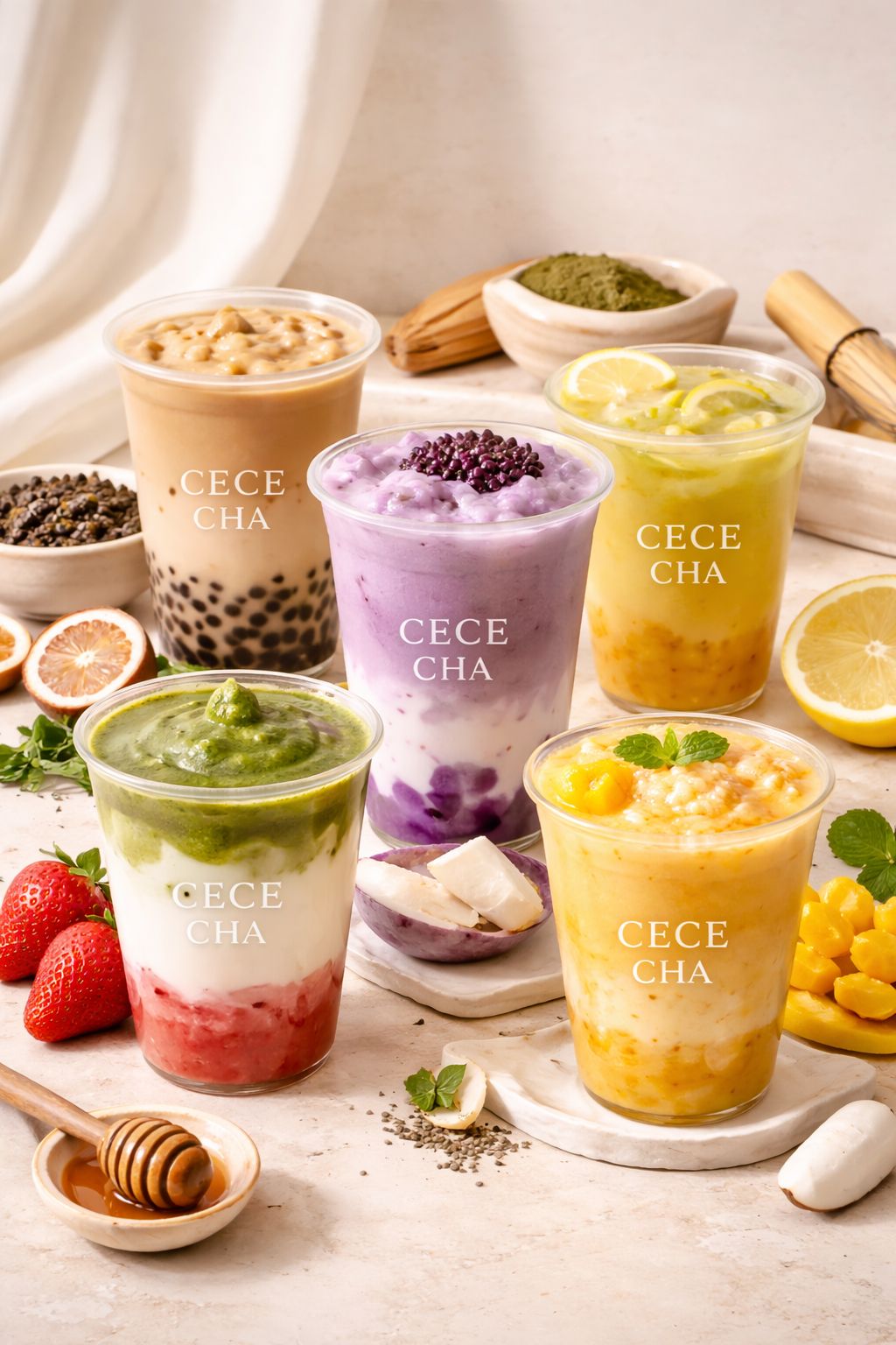 CECE CHA signature matcha, ube and tropical bubble tea drinks