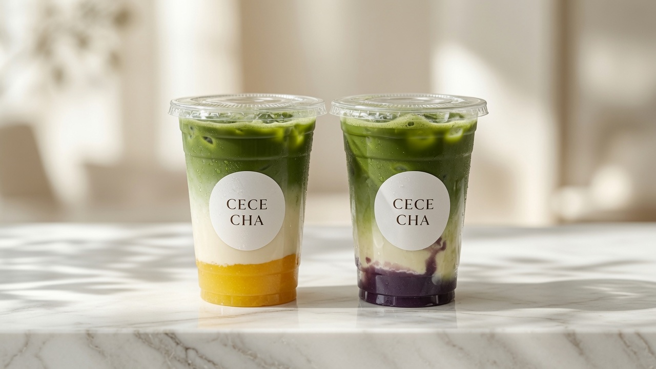 CECE CHA Mango Matcha and Ube Matcha iced lattes